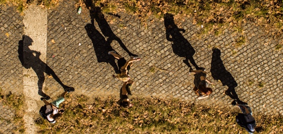 birdseye view of students walking on path